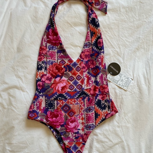 Merilee Swimwear Pink Floral One Piece Halter Neck Reversible Swimsuit NWT - Picture 2 of 7